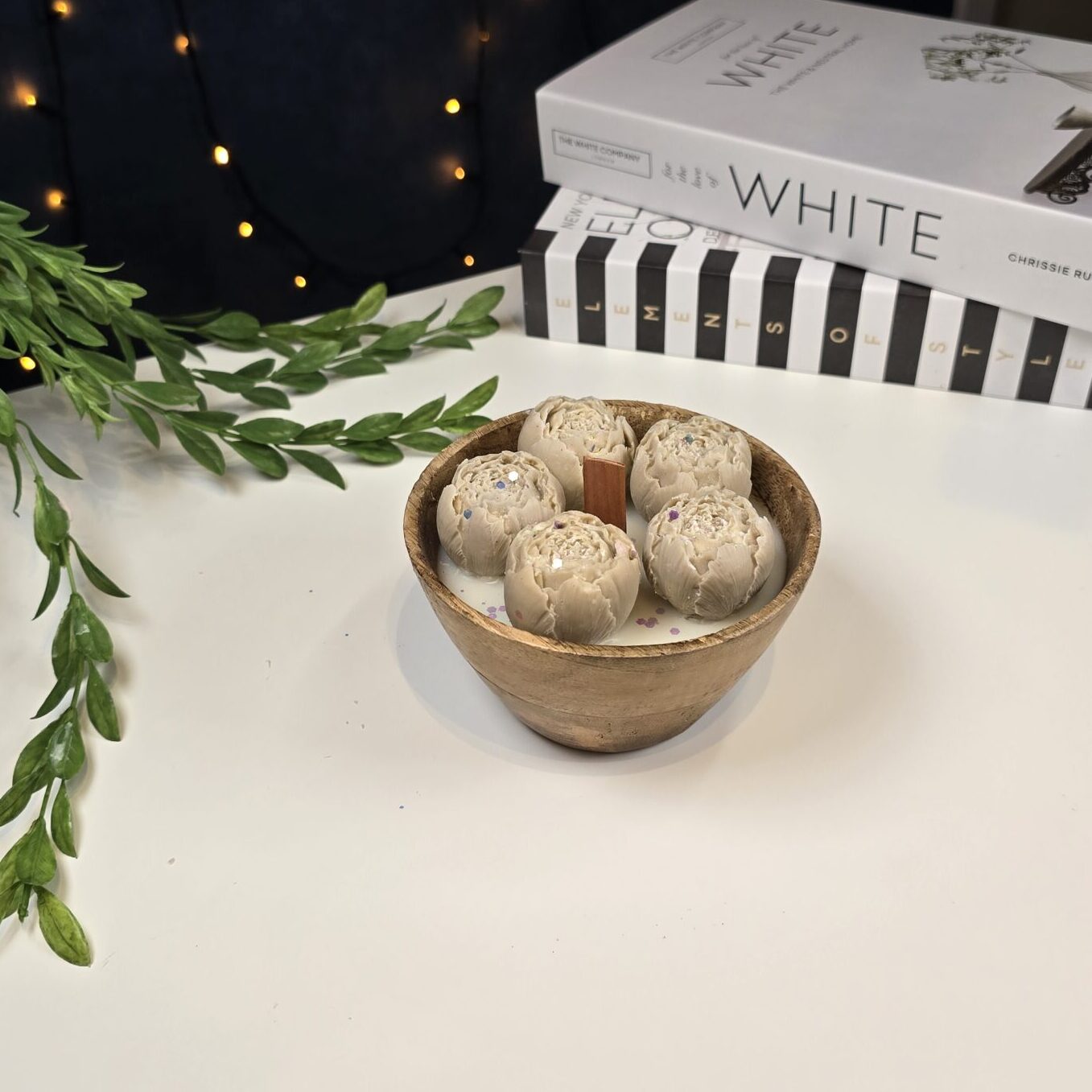 Rustic Wooden Bowl Soy Candle with Peony Flowers