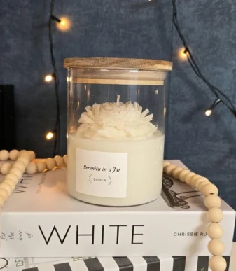 White Floral Design in Glass Jar